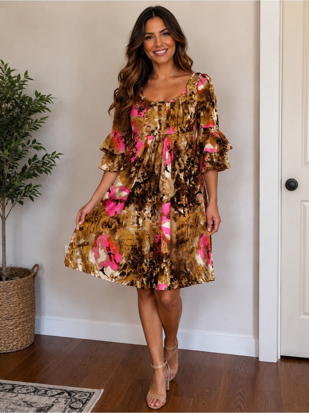 Peck & Peck Brown and Pink Tiered Ruffle Midi Dress bell sleeve
